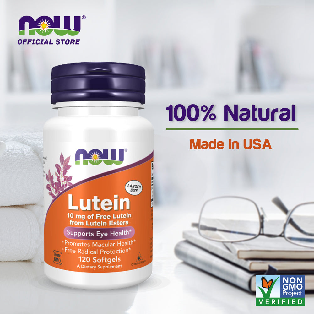 NOW Supplements, Lutein 10 mg with 10 mg of Free Lutein from Lutein Esters, 120 Softgels - Bloom Concept