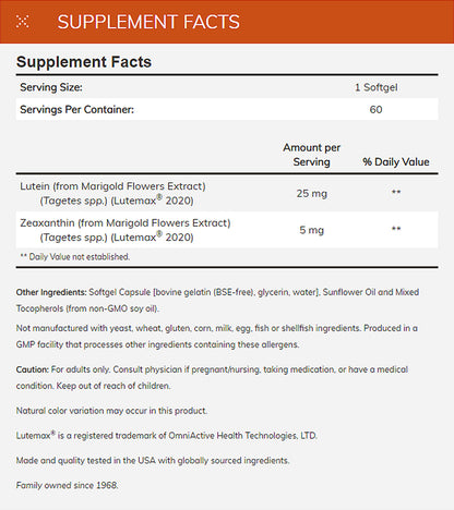 NOW Supplements, Lutein &amp; Zeaxanthin with 25 mg Lutein and 5 mg Zeaxanthin, 60 Softgels Vitamins &amp; Supplements NOW Foods USA