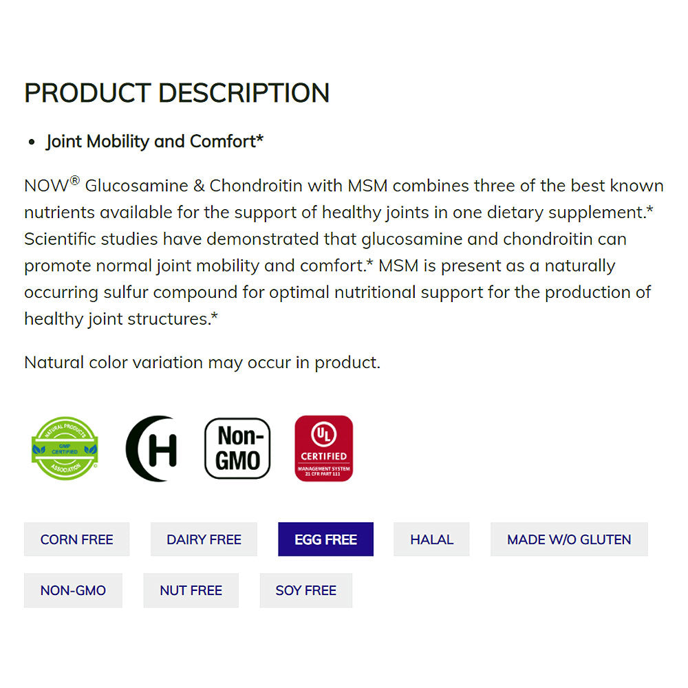 NOW Supplements, Glucosamine &amp; Chondroitin with MSM, Joint Health, Mobility and Comfort*, 90 Veg Capsules Vitamins &amp; Supplements NOW Foods USA