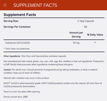 NOW Supplements, CoQ10 30 mg, Pharmaceutical Grade, All-Trans Form produced by Fermentation, 60 Veg Capsules Vitamins &amp; Supplements NOW Foods USA