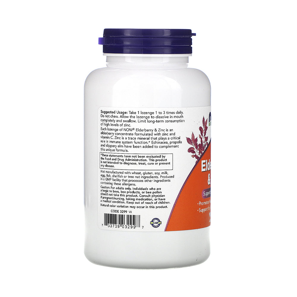 NOW Supplements, Elderberry & Zinc (Elderberry Concentrate with Zinc and Vitamin C, plus Echinacea, Propolis and Slippery Elm), 90 Lozenges - Bloom Concept