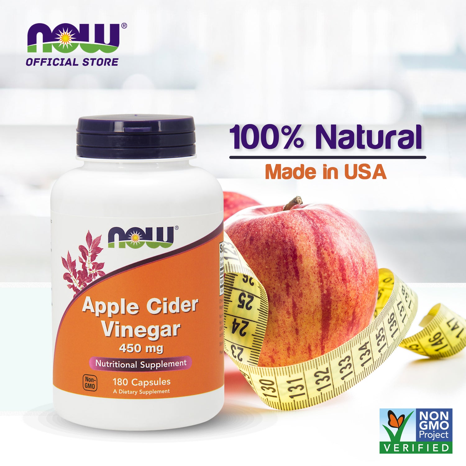 NOW Supplements, Apple Cider Vinegar 450 mg, Derived from Fermentation of Sweet Apple Cider, 180 Veg Capsules - Bloom Concept