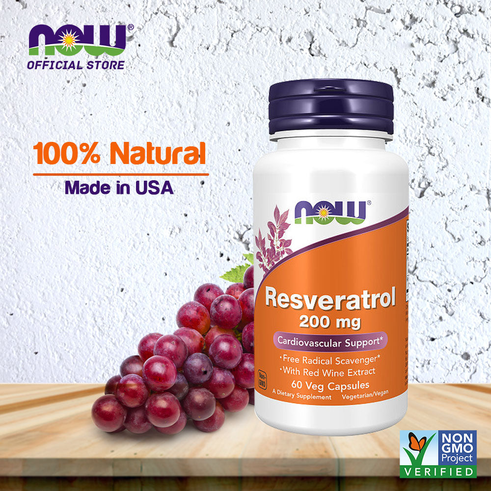NOW Supplements, Natural Resveratrol 200 mg with Red Wine Extract, 60 Veg Capsules - Bloom Concept