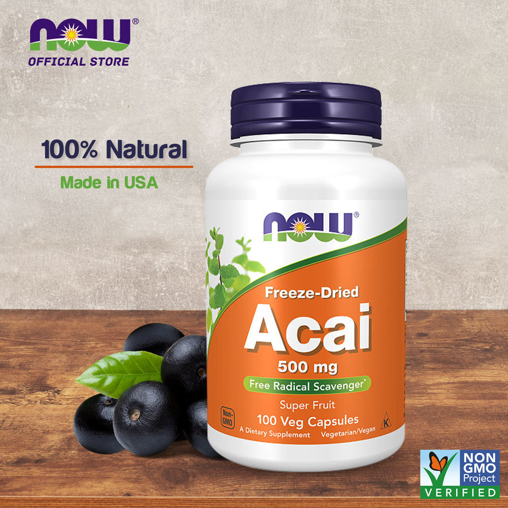 NOW Supplements, Acai 500 mg, Freeze-Dried Super Fruit with Polyphenols, Ellagic Acid, Rutin, Anthocyanins and Catechins, 100 Veg Capsules - Bloom Concept