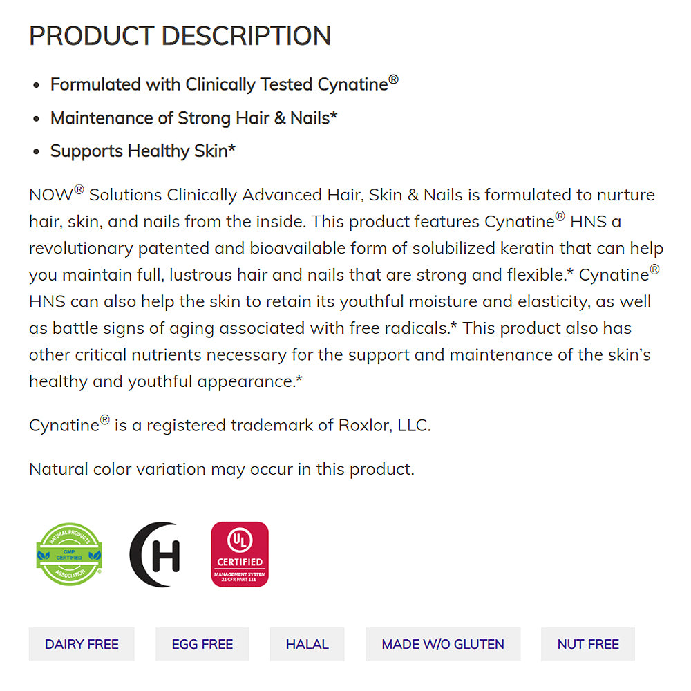 NOW Solutions, Hair, Skin and Nails, Clinically Advanced, Support with Clinically Tested Cynatine, 90 Veg Capsules Vitamins &amp; Supplements NOW Foods USA