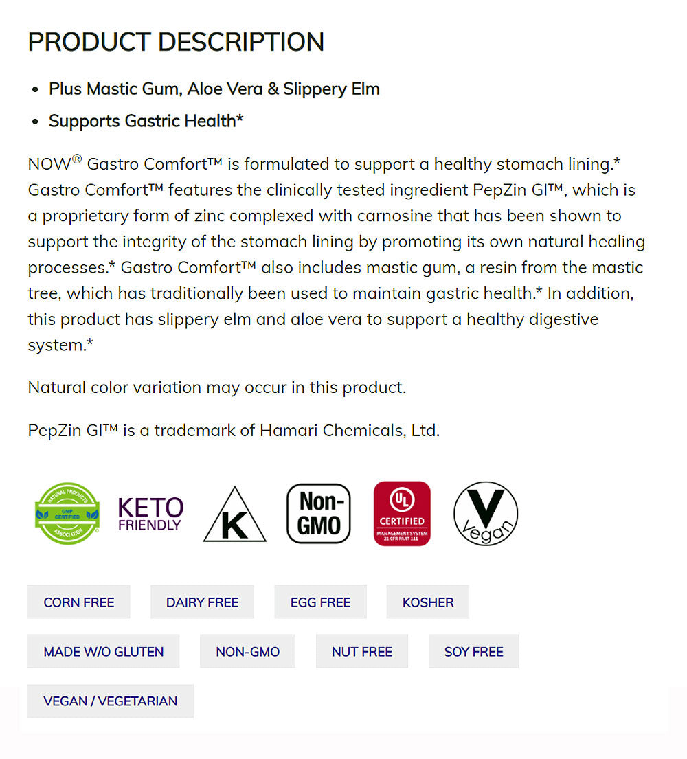 NOW Supplements, Gastro Comfort, plus Mastic Gum, Aloe Vera and Slippery Elm, 60 Veg Capsules - Bloom Concept