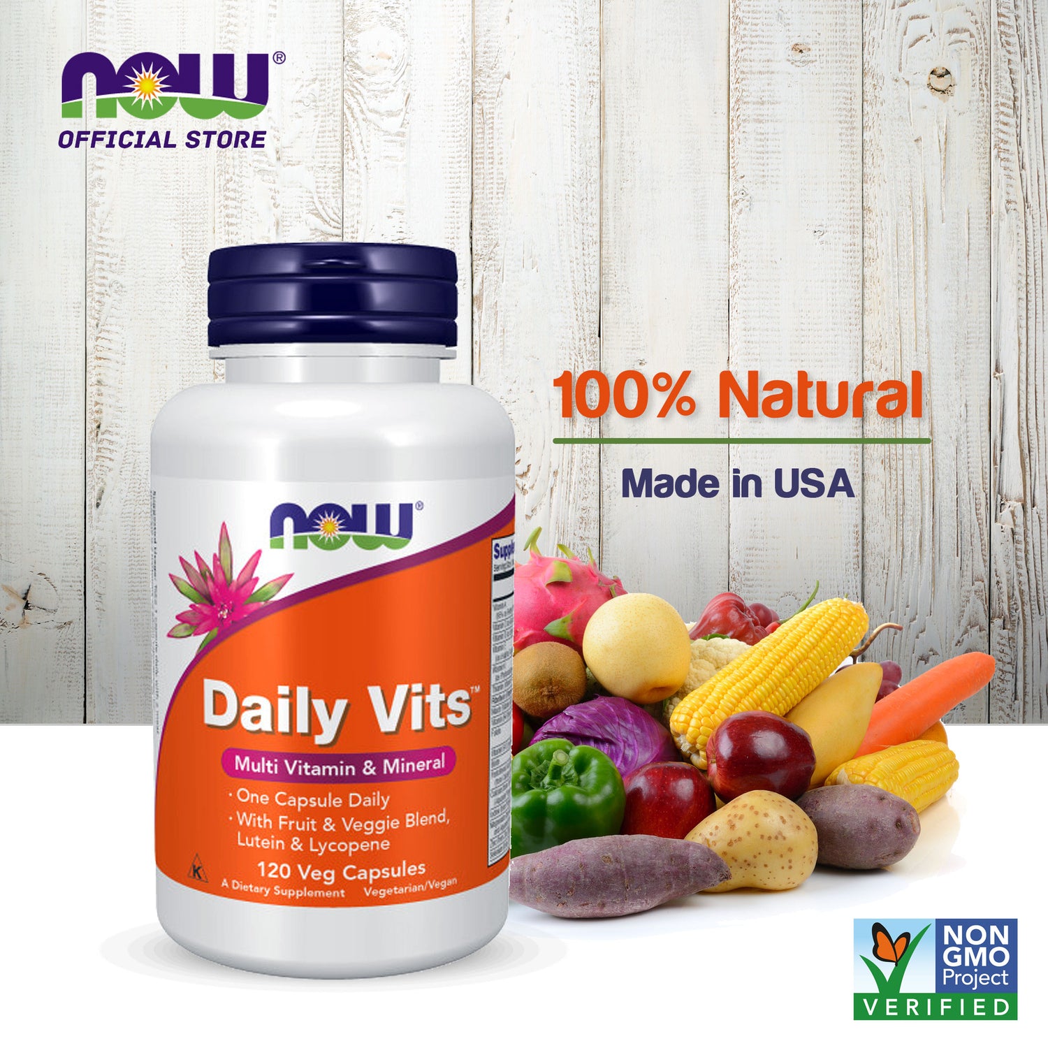 NOW Supplements, Daily Vits™ with Fruit & Veggie Blend, Lutein and Lycopene, 120 Veg Capsules - Bloom Concept