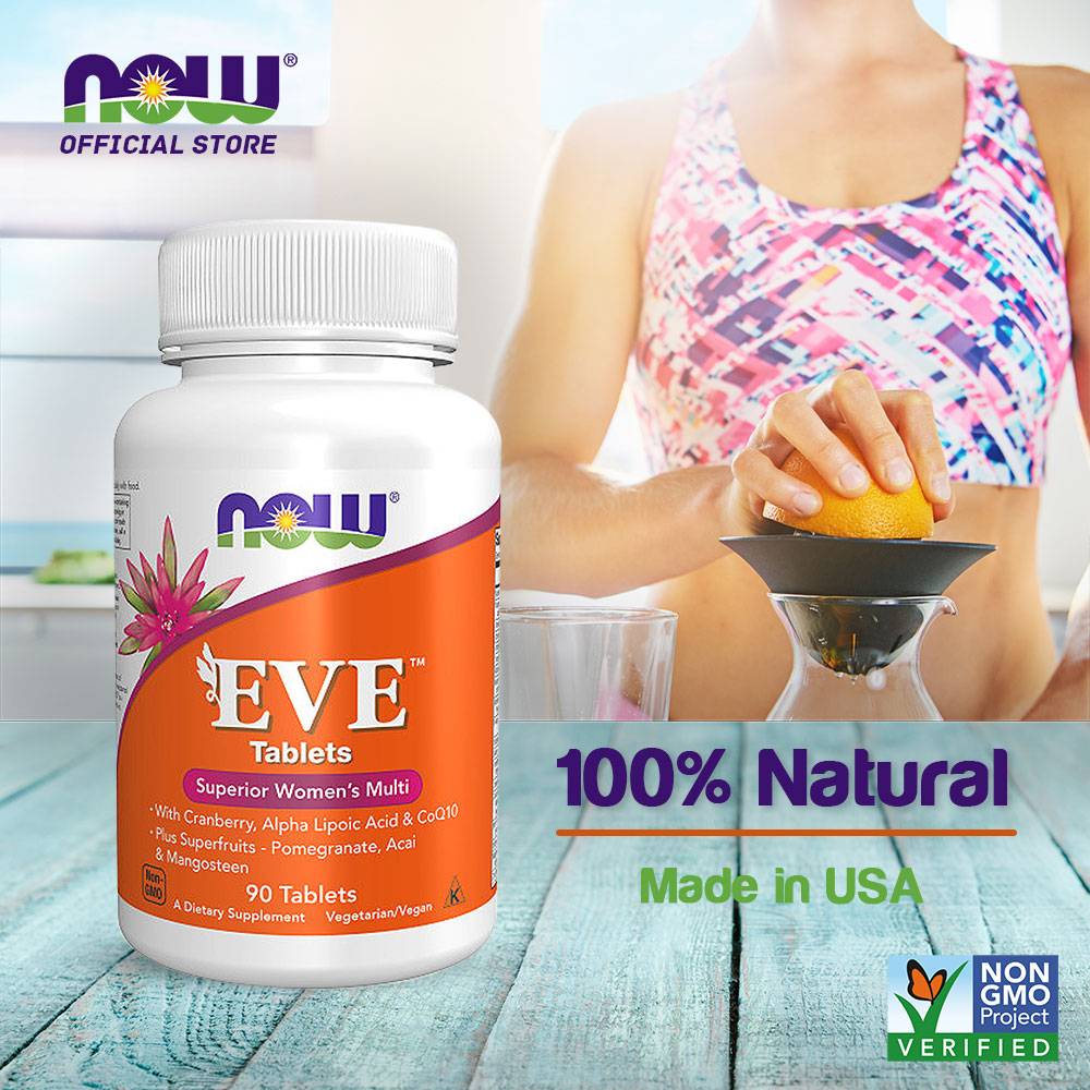 NOW Supplements, Eve Women's Multivitamin with Cranberry, Alpha Lipoic Acid and CoQ10, plus Superfruits - Pomegranate, Acai & Mangosteen, 90 Tablets - Bloom Concept