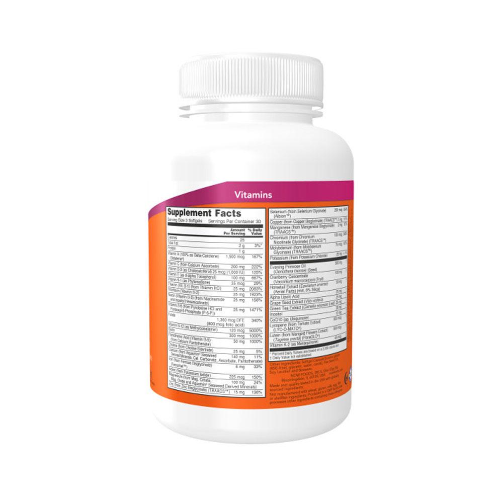 NOW Supplements, Eve Women's Multivitamin with Evening Primrose, Cranberry, Green Tea, Horsetail Silica & CoQ10, 90 Softgels - Bloom Concept