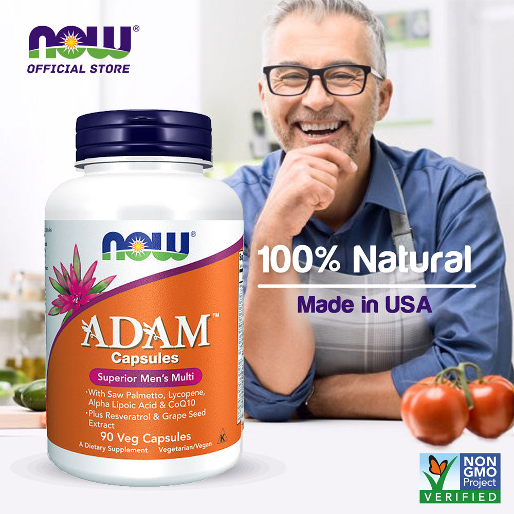 NOW Supplements, ADAM Men's Multivitamin with Saw Palmetto, Lycopene, Alpha Lipoic Acid and CoQ10, Plus Natural Resveratrol & Grape Seed Extract, 90 Veg Capsules - Bloom Concept