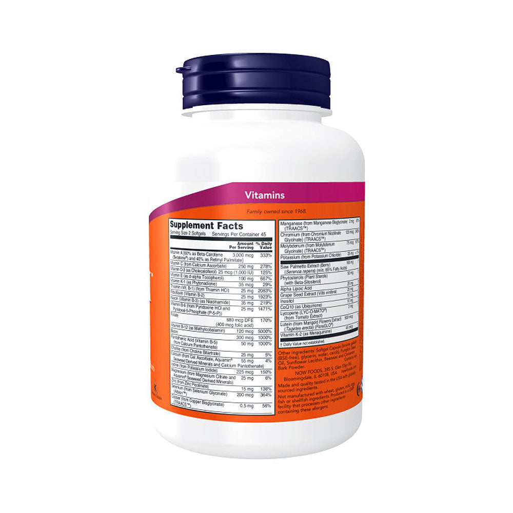 NOW Supplements, ADAM Men's Multivitamin with Saw Palmetto, Plant Sterols, Lycopene & CoQ10, 90 Softgels - Bloom Concept
