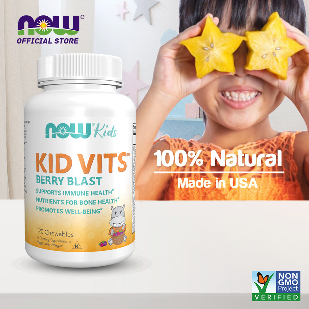 NOW Supplements, Kid Vits Berry Blast, Sweetened with Xylitol, 120 Round Shaped Chewables, (packaging may vary) - Bloom Concept