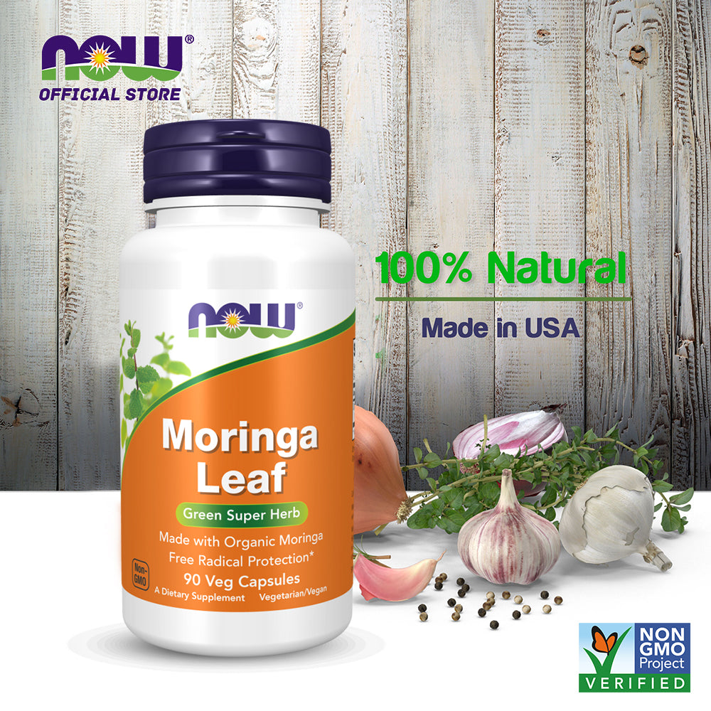 NOW Foods Moringa Leaf, Green Super Herb, Made with Organic Moringa, Free Radical Protection*, 90 Veg Capsules - Bloom Concept