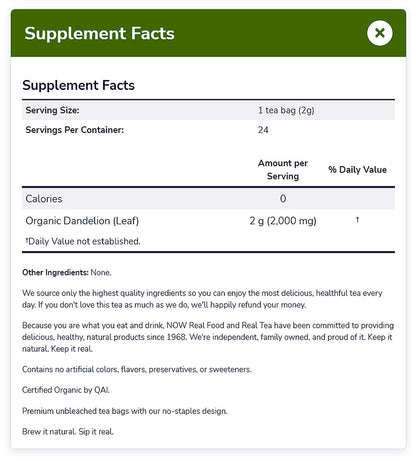 NOW Foods, Certified Organic Dandelion Traditional Cleansing Herbal Tea, Caffeine-Free, Non-GMO, 24-Count Natural Foods NOW Foods USA