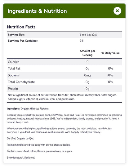 Now Foods, Organic Real Tea, Organically Hip Hibiscus, Caffeine-Free, 24 Tea Bags, 1.7 oz (48 g) Natural Foods NOW Foods USA