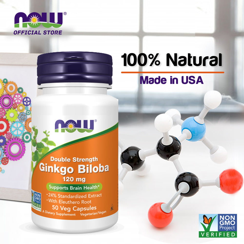 NOW Supplements, Ginkgo Biloba 120 mg, Double Strength, Non-GMO Project Verified, 50 Veg Capsules - Bloom Concept