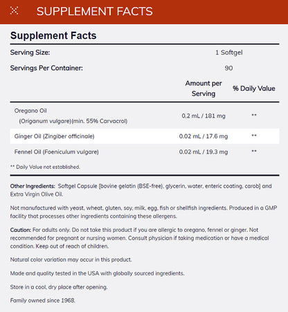 NOW Supplements, Oregano Oil with Ginger and Fennel Oil, Enteric Coated, 90 Softgels Vitamins &amp; Supplements NOW Foods USA