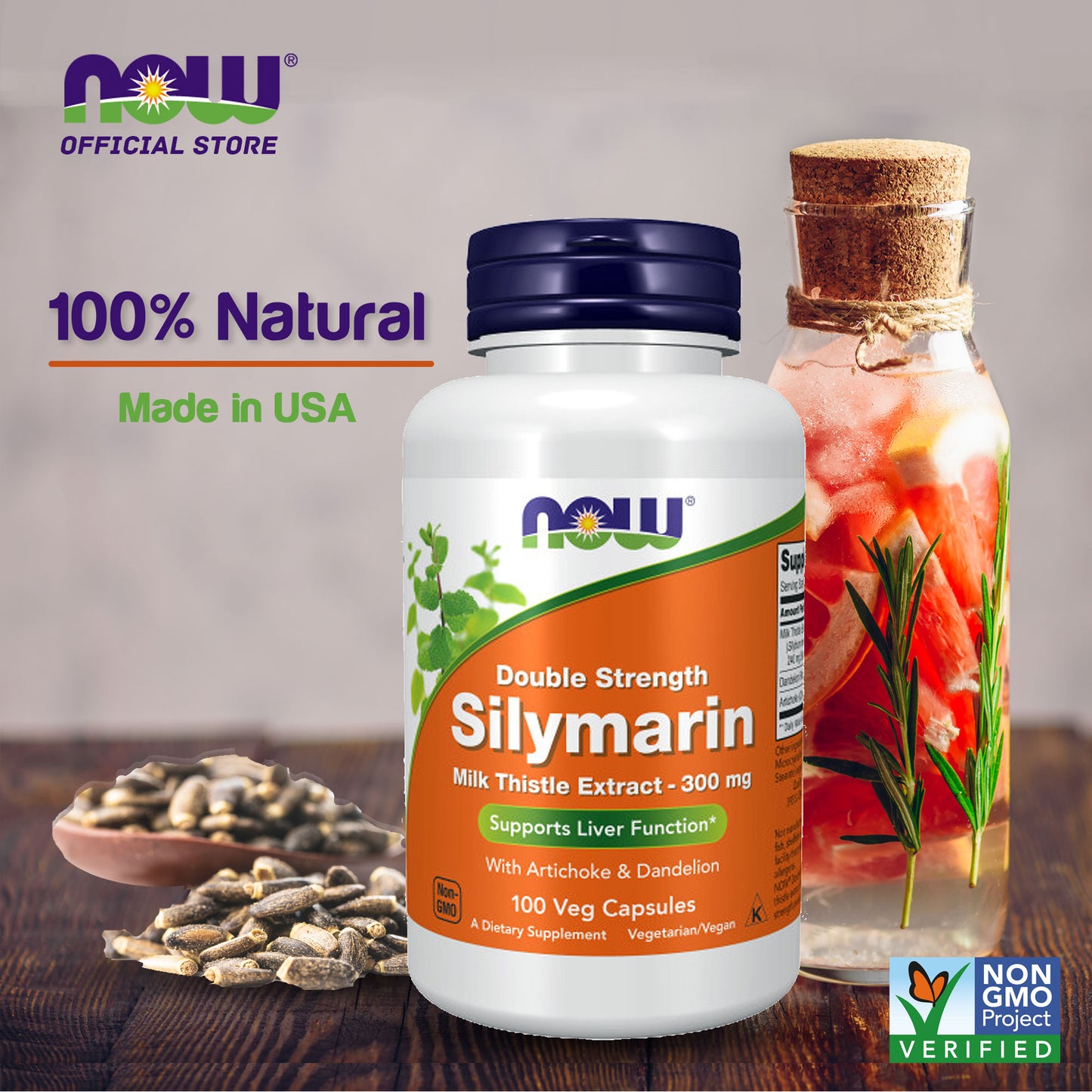 NOW Supplements, Silymarin Milk Thistle Extract 300 mg with Artichoke and Dandelion, Double Strength, Supports Liver Function, 100 Veg Capsules - Bloom Concept