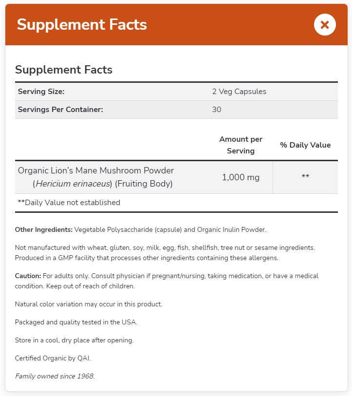 NOW Supplements, Lion's Mane 500 mg, Super Mushroom, Made with Organic Lion's Mane Mushrooms, 60 Veg Capsules - Bloom Concept
