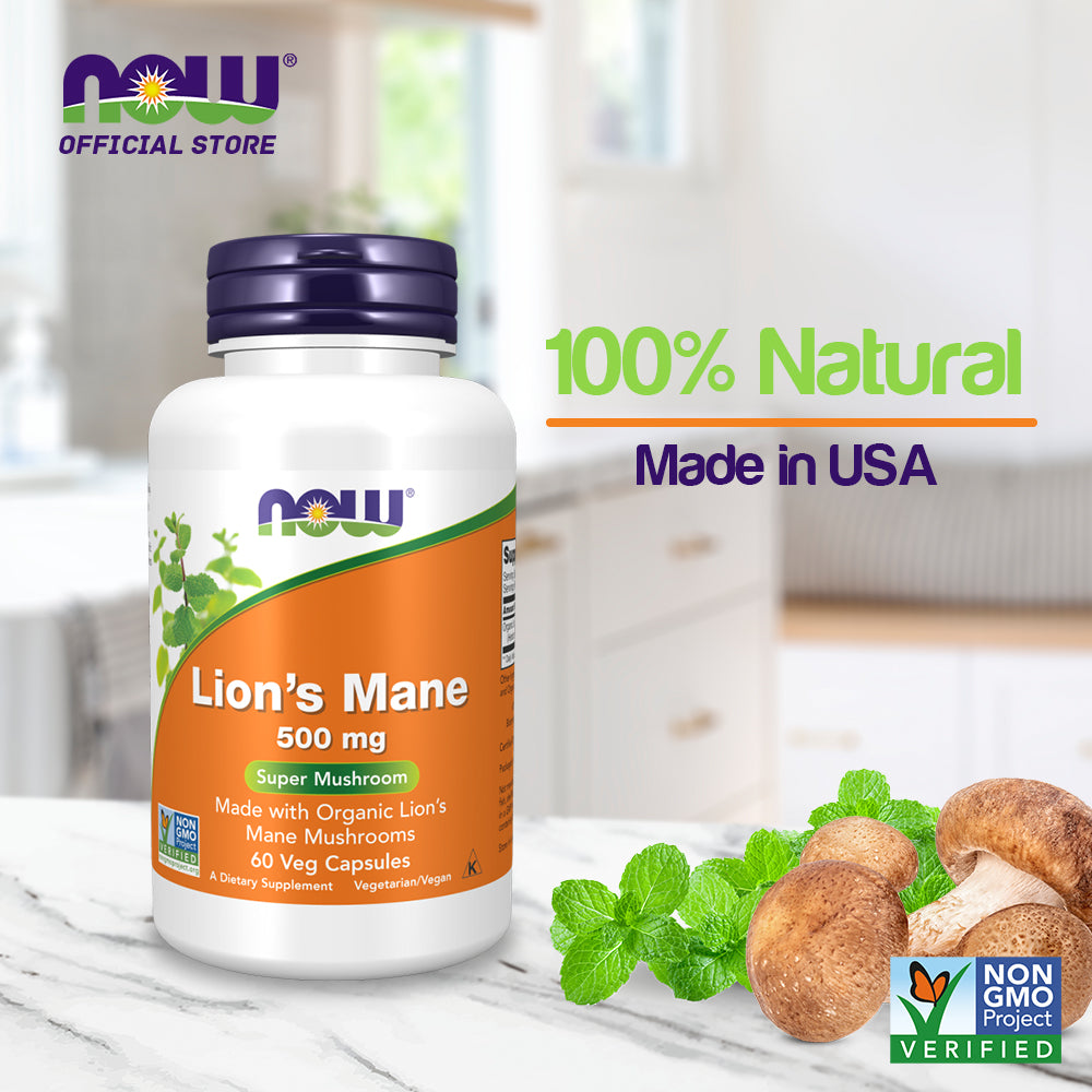 NOW Supplements, Lion's Mane 500 mg, Super Mushroom, Made with Organic Lion's Mane Mushrooms, 60 Veg Capsules - Bloom Concept