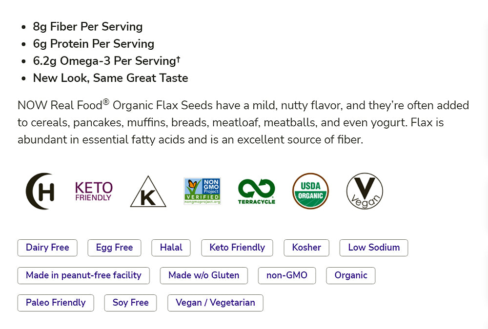 NOW Foods, Organic Flax Seeds, Source of Essential Fatty Acids and Fiber, Certified Non-GMO, Kosher, 1-Pound (454 g) Natural Foods NOW Foods USA