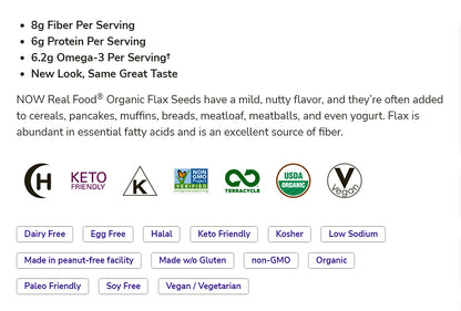 NOW Foods, Organic Flax Seeds, Source of Essential Fatty Acids and Fiber, Certified Non-GMO, Kosher, 1-Pound (454 g) Natural Foods NOW Foods USA