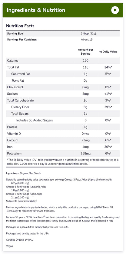 NOW Foods, Organic Flax Seeds, Source of Essential Fatty Acids and Fiber, Certified Non-GMO, Kosher, 1-Pound (454 g) Natural Foods NOW Foods USA