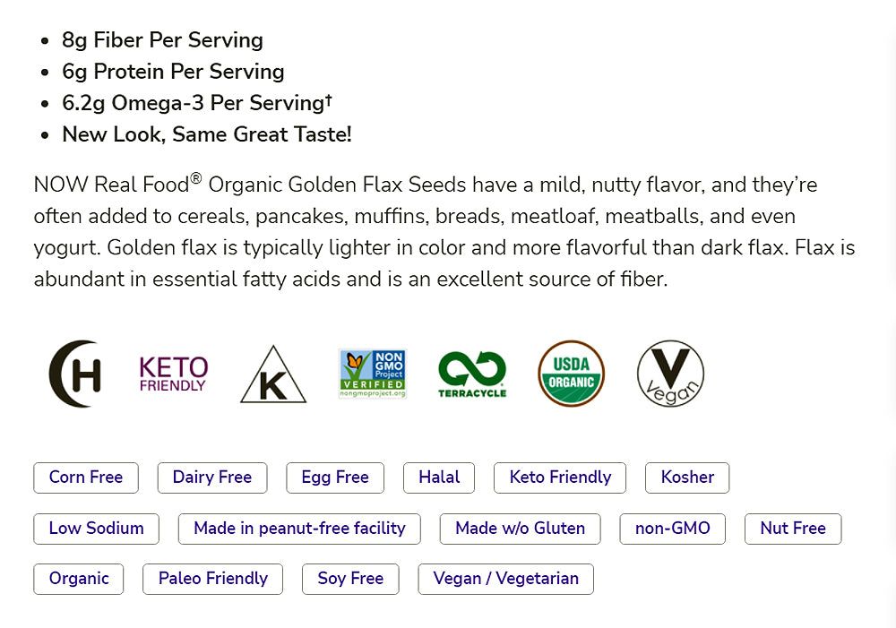 NOW Foods, Organic Golden Flax Seeds, Source of Essential Fatty Acids and Fiber, Certified Non-GMO, 16-Ounce (454 g) Natural Foods NOW Foods USA