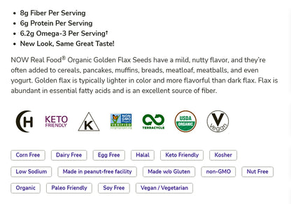 NOW Foods, Organic Golden Flax Seeds, Source of Essential Fatty Acids and Fiber, Certified Non-GMO, 16-Ounce (454 g) Natural Foods NOW Foods USA