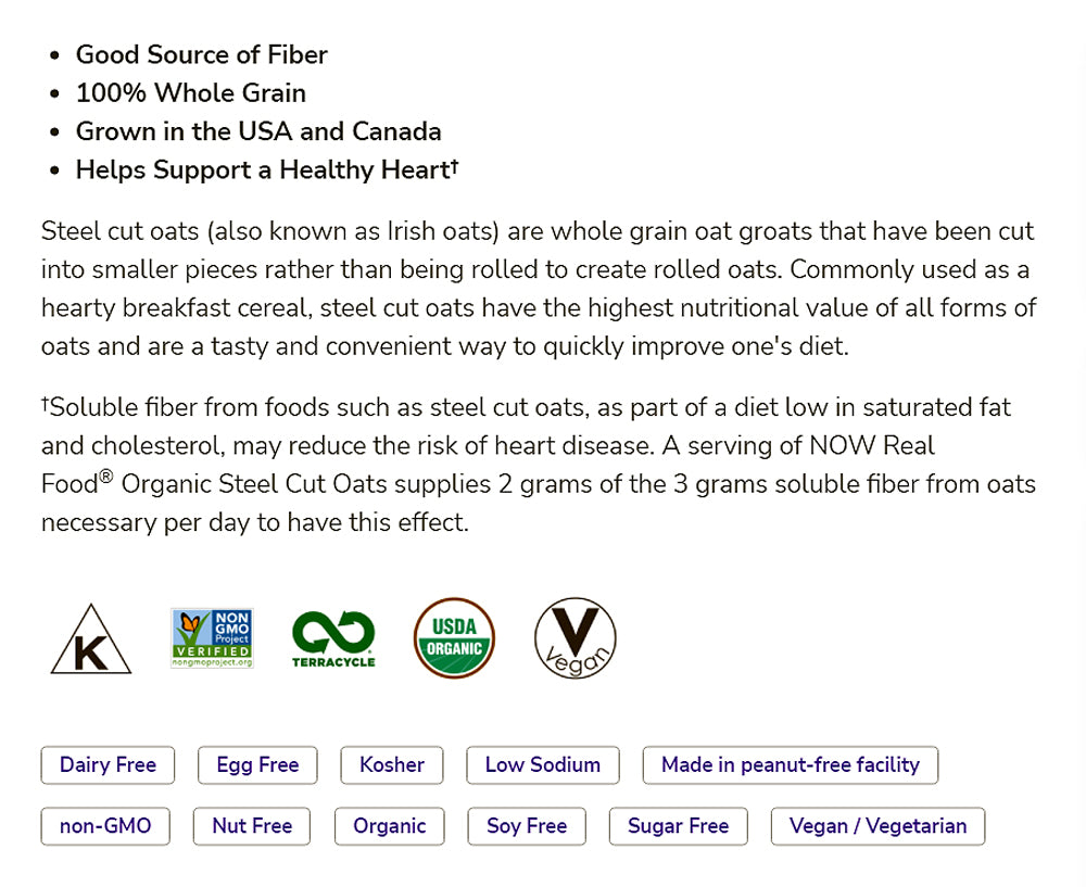 NOW Foods, Organic Steel Cut Oats, Source of Fiber, 100% Whole Grain, USA-Grown, 2-Pound (907g) Natural Foods NOW Foods USA