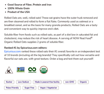 NOW Foods, Organic Rolled Oats, Source of Fiber, Protein and Iron, 100% Whole Grain, Product of the USA, 24-Ounce (680g) Natural Foods NOW Foods USA