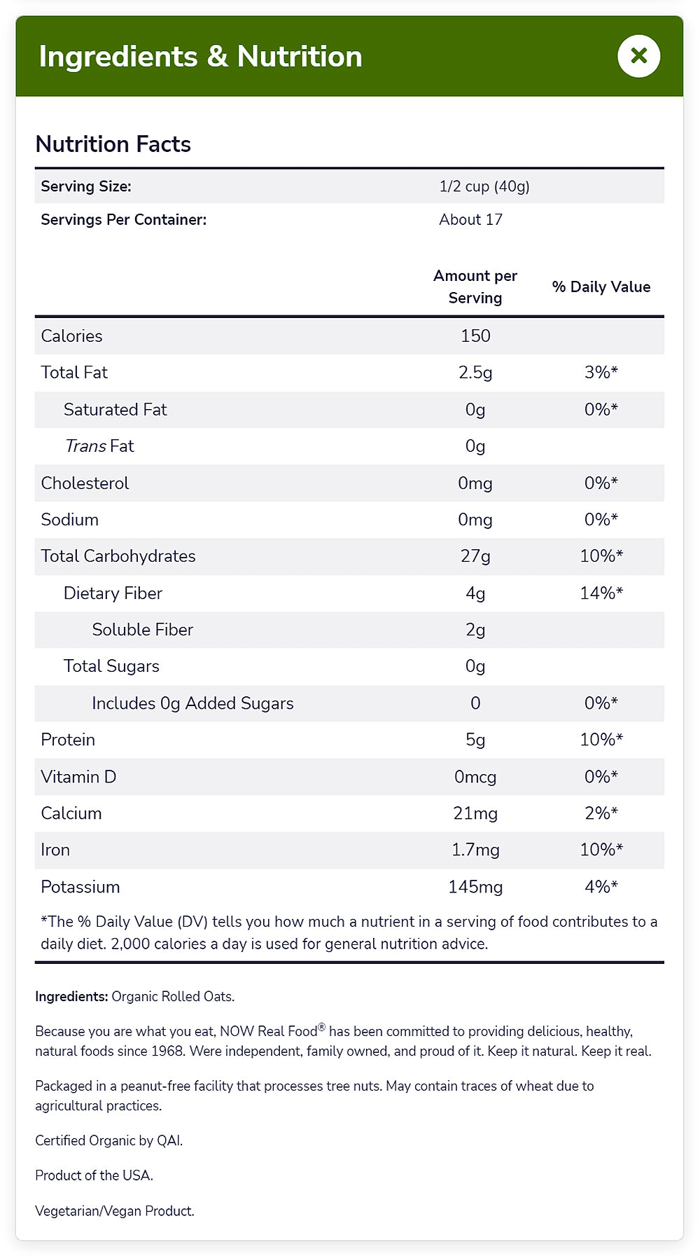 NOW Foods, Organic Rolled Oats, Source of Fiber, Protein and Iron, 100% Whole Grain, Product of the USA, 24-Ounce (680g) Natural Foods NOW Foods USA