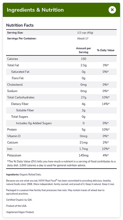 NOW Foods, Organic Rolled Oats, Source of Fiber, Protein and Iron, 100% Whole Grain, Product of the USA, 24-Ounce (680g) Natural Foods NOW Foods USA