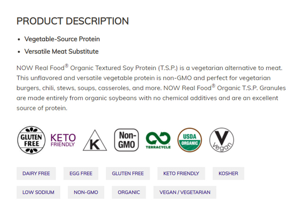 NOW Foods, Organic Textured Soy Protein Granules, Non-GMO, Versatile, Vegetable-Sourced Protein, 8-Ounce (227g) Natural Foods NOW Foods USA