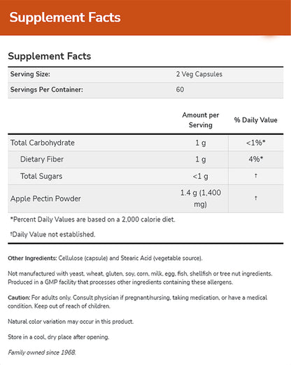 NOW Supplements, Apple Pectin 700 mg, Dietary Fiber, Intestinal Support*, 120 Veg Capsules Vitamins &amp; Supplements NOW Foods USA
