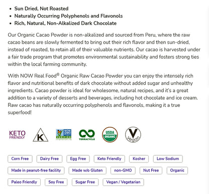 NOW Foods, Organic Raw Cacao Powder, with Polyphenols and Flavonols, Sun-Dried, Intensely Rich Flavor, (340 g) Natural Foods NOW Foods USA