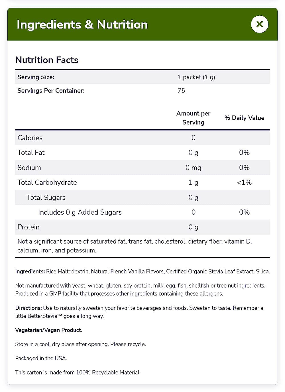 NOW Foods, BetterStevia, French Vanilla, Zero-Calorie Sweetener, Gluten-Free, Certified Non-GMO, 75 Packets/Box, 2.65 oz (75 g) - Bloom Concept