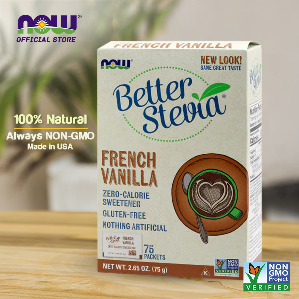NOW Foods, BetterStevia, French Vanilla, Zero-Calorie Sweetener, Gluten-Free, Certified Non-GMO, 75 Packets/Box, 2.65 oz (75 g) - Bloom Concept