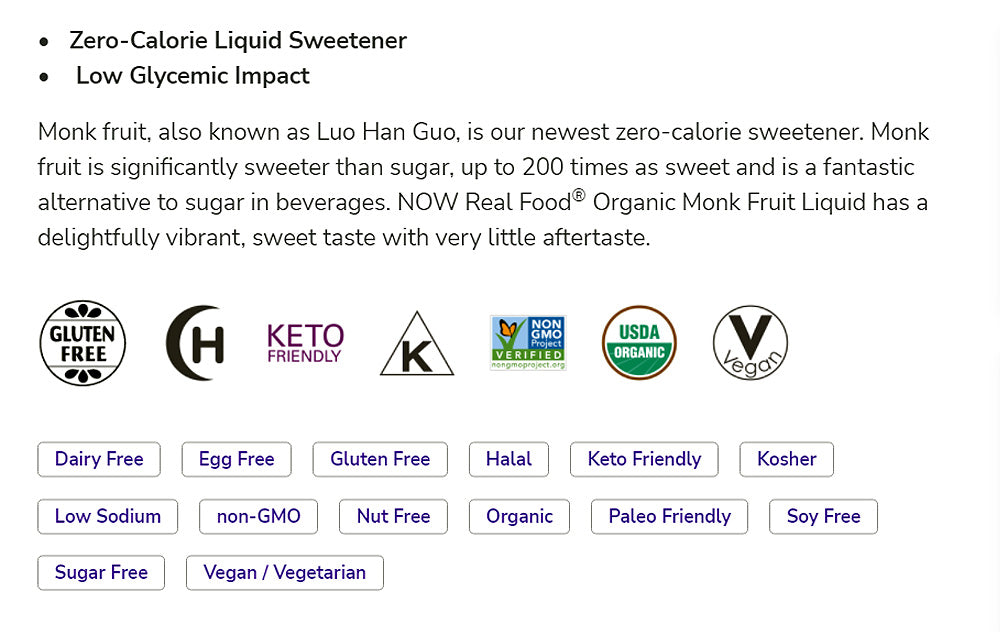 NOW Foods, Certified Organic Monk Fruit Liquid, Zero-Calorie Liquid Sweetener, Non-GMO, Low Glycemic Impact, 2-Ounce (59ml) Natural Foods NOW Foods USA