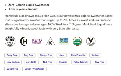 NOW Foods, Certified Organic Monk Fruit Liquid, Zero-Calorie Liquid Sweetener, Non-GMO, Low Glycemic Impact, 2-Ounce (59ml) Natural Foods NOW Foods USA