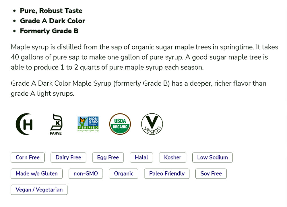 Now Foods, Real Food, Organic Maple Syrup, Grade A, Dark Color, 32 fl oz (946 ml) - Bloom Concept