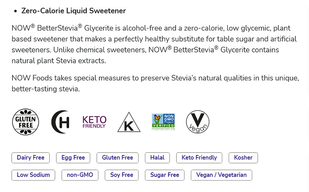 NOW Foods, Better Stevia Liquid, Glycerite, Zero-Calorie Liquid Sweetener, Low Glycemic Impact, Certified Non-GMO, 2-Ounce (59ml) - Bloom Concept