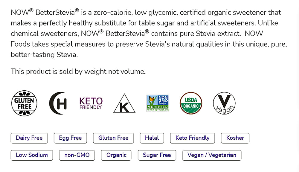 NOW Foods, Certified Organic Better Stevia, Extract Powder, Zero-Calorie Sweetener, Certified Non-GMO, 1-Ounce (28g) - Bloom Concept