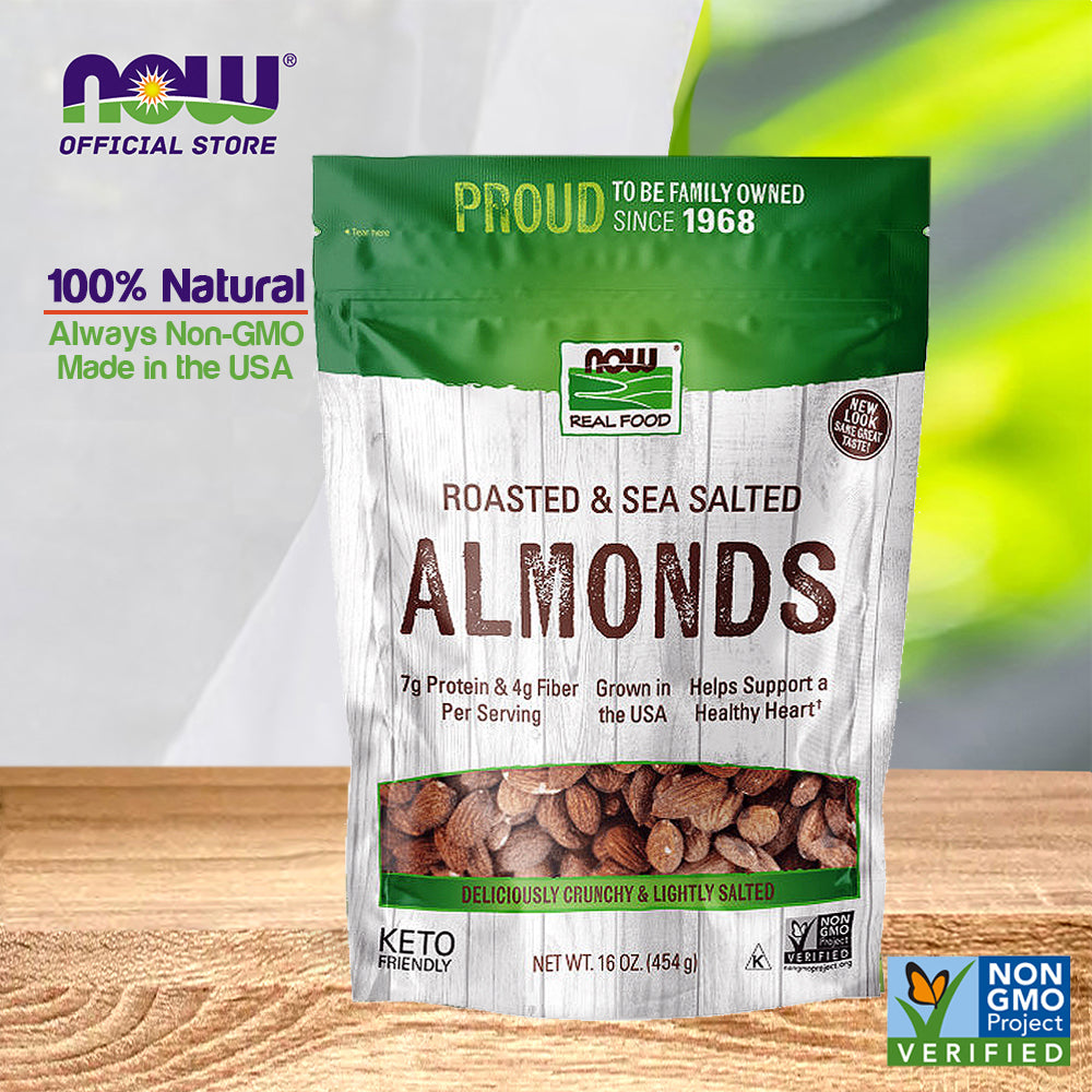 NOW Foods, Almonds, Roasted with Sea Salt, Source of Protein, Fiber and Healthy Fatty Acids, Grown in the USA, Certified Non-GMO, 16-Oz (454g) - Bloom Concept