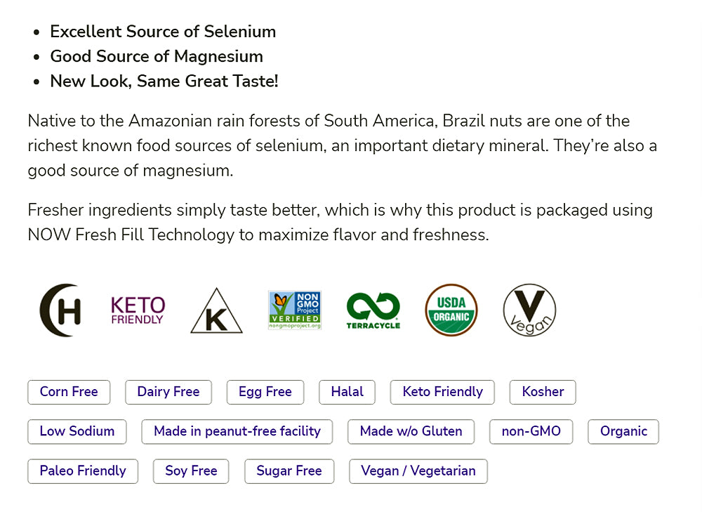 NOW Foods, Certified Organic Brazil Nuts, Whole, Raw and Unsalted, Source of Selenim and Magnesium, 10-Ounce (284 g) - Bloom Concept
