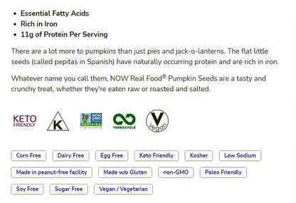 NOW Foods, Pumpkin Seeds, Raw and Unsalted, Essential Fatty Acids, Rich in Iron, Excellent Source of Protein, Certified Non-GMO, 1-Pound (454g) Natural Foods NOW Foods USA