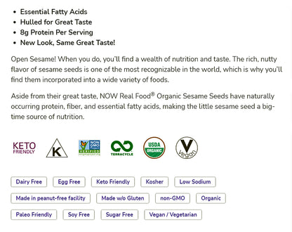 NOW Foods, Certified Organic Sesame Seeds, Source of Protein, Iron and Fatty Acids, Hulled for Great Taste, Certified Non-GMO, 16-Ounce (454 g) Natural Foods NOW Foods USA