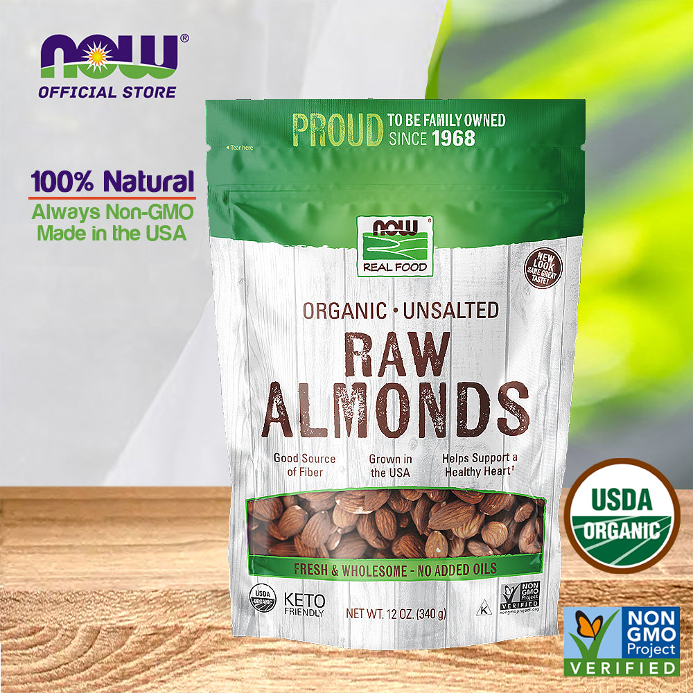 NOW Foods, Certified Organic Almonds, Raw and Unsalted, Good Source of Protein and Fiber, Grown in the USA, Certified Non-GMO, 12-Ounce (340 g) - Bloom Concept