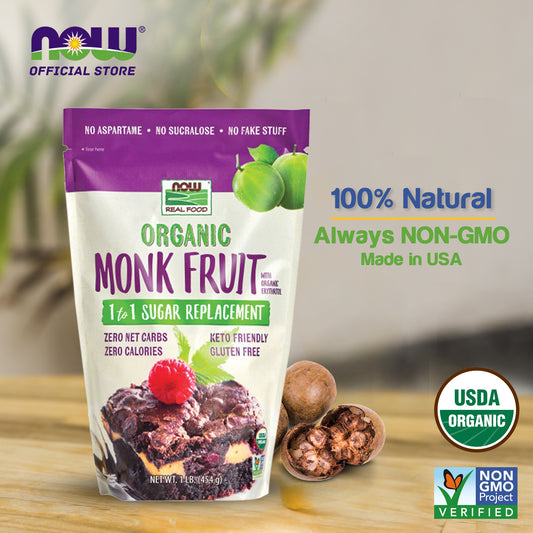 NOW Foods, Organic Monk Fruit With Erythritol Powder, 1 to 1 Sugar Replacement, 1-Pound (454g) - Bloom Concept