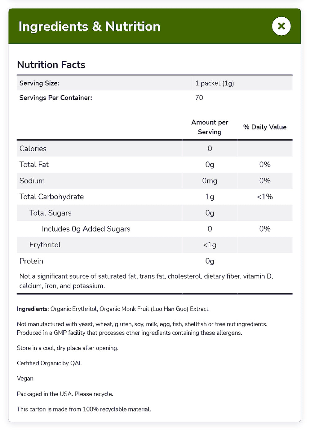 NOW Foods, Organic Monk Fruit, Zero-Calorie Sweetener, Gluten-Free and Non-GMO, 70 Packets - Bloom Concept